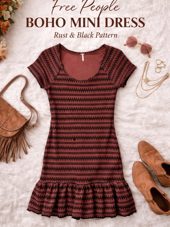 Free People Dresses & Skirts - Free People Boho Mini Dress Rust Black Pattern Ruffle Hem Size M